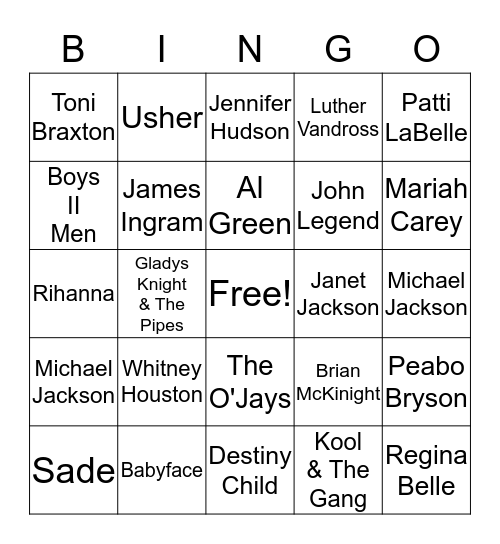 Music Bingo Popular Artist Bingo Card