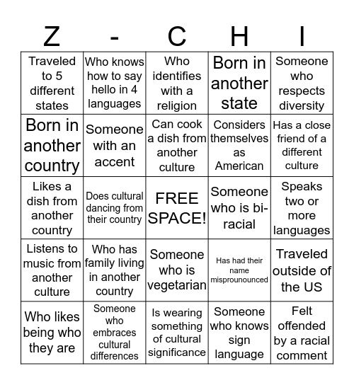 Z-CHI Culture Game! Bingo Card