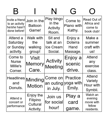 Abbington July Bingo! Bingo Card