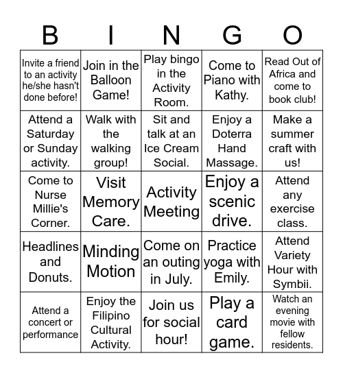 Abbington July Bingo! Bingo Card