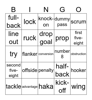 Rugby Vocabulary Bingo Card