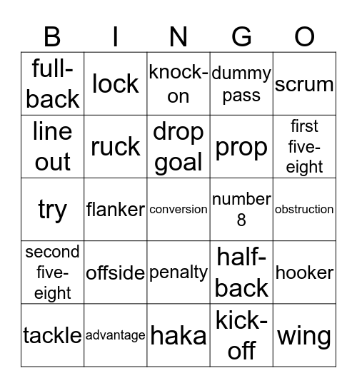 Rugby Vocabulary Bingo Card