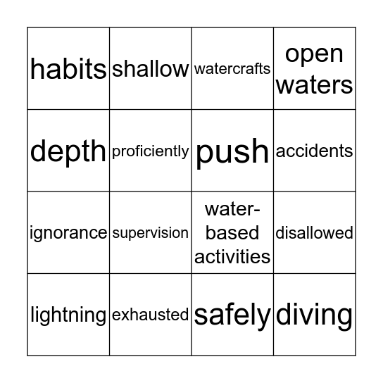 Bingo - Water Safety Bingo Card