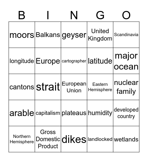 Geography: Lesson 9 Part B Bingo Card