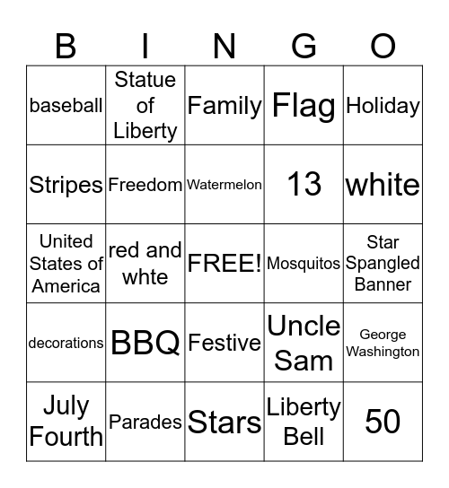 ALL THINGS FOURTH OF JULY Bingo Card