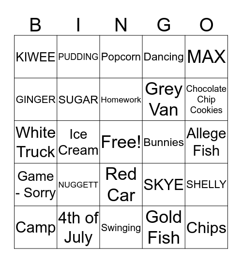 WARNER FAMILY Bingo Card