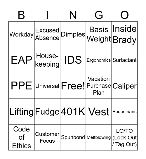 Brady Bingo Card