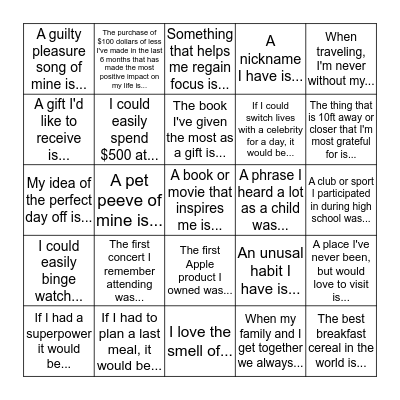 Minute-Me Bingo Card