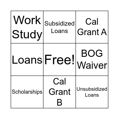 Types of Financial Aid Bingo Card