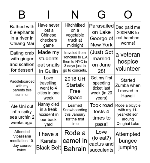 Getting to Know You !!! Bingo Card