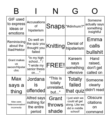 Lit Hum Bingo Card
