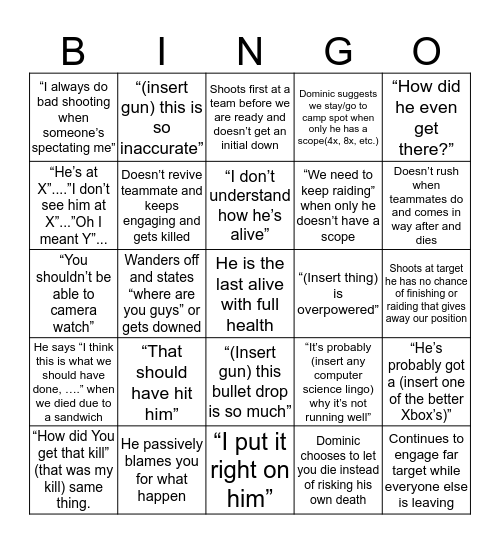 PUBG Bingo Card