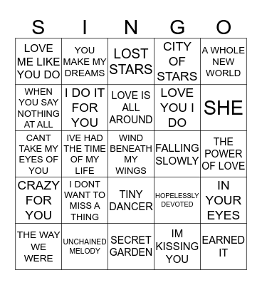 242 GREATEST MOVIE LOVE SONGS Bingo Card