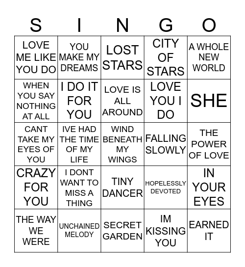 242 GREATEST MOVIE LOVE SONGS Bingo Card