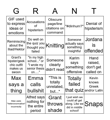 Lit Hum Bingo Card