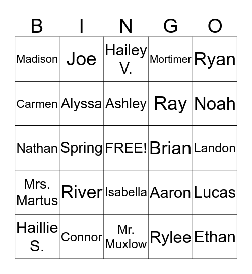 Our Class Bingo Card