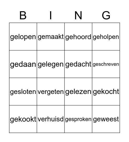 Voltooid deelwoord Bingo Card