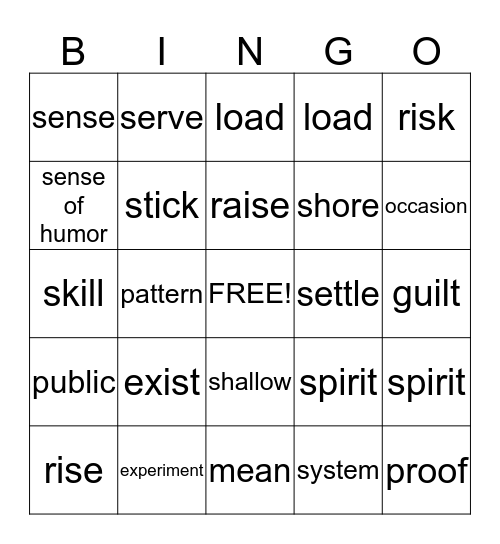 Vocab 1 card 2 Bingo Card