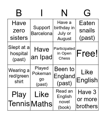 Questions Bingo Card