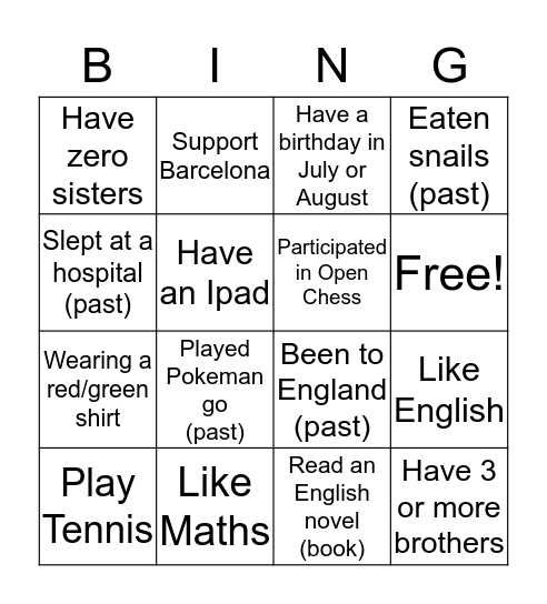 Questions Bingo Card