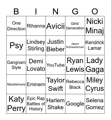 YouTube Music Awards Bingo Card