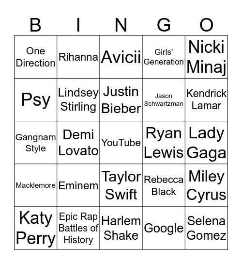 YouTube Music Awards Bingo Card