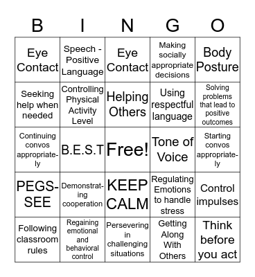 Social Behaviors Bingo Card