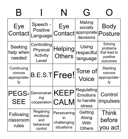Social Behaviors Bingo Card