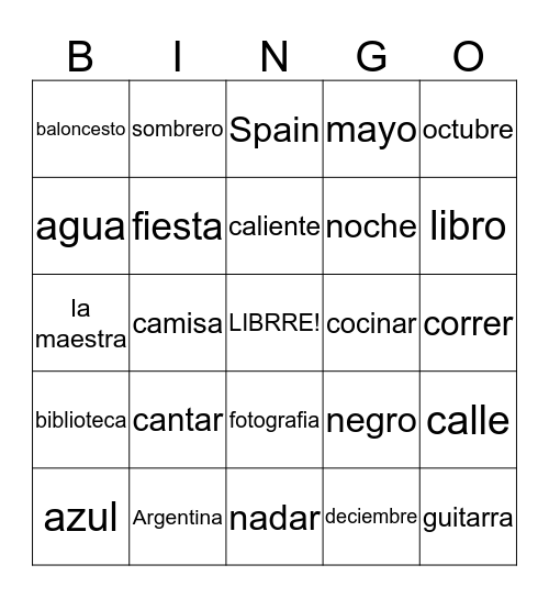 Espanol Bingo Card