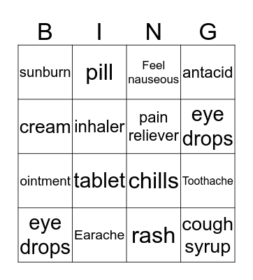 Medical Vocabulary  Bingo Card