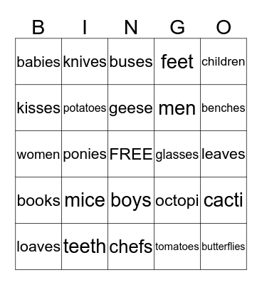 Plural Nouns Bingo Card