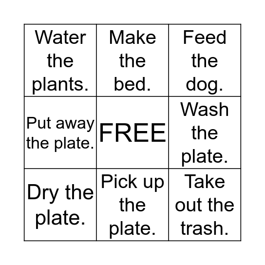 Clean Up Bingo Card