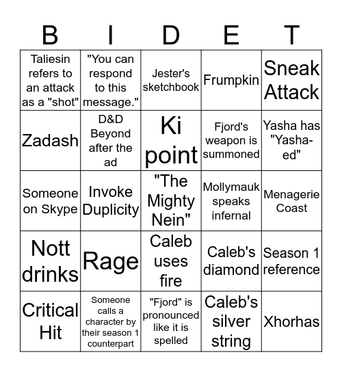 Critical Role - Season 2 Bingo Card