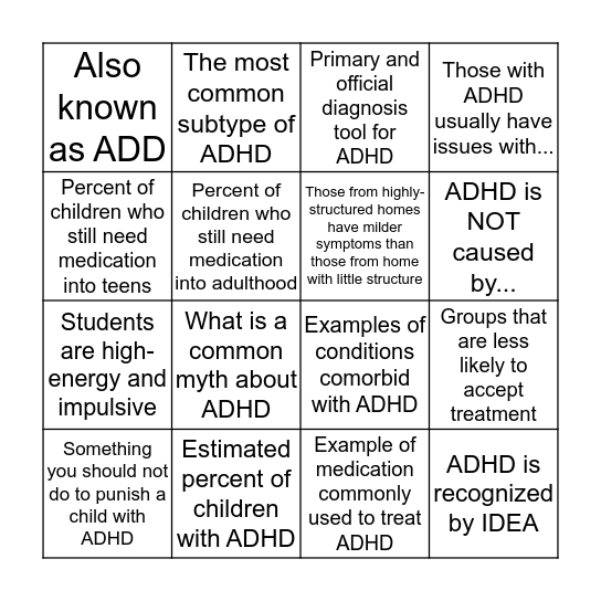 ADHD Bingo Card