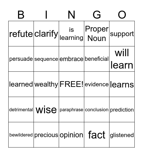 Mid-term Vocabulary Bingo Card