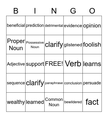 Mid-Term Vocabulary Bingo Card