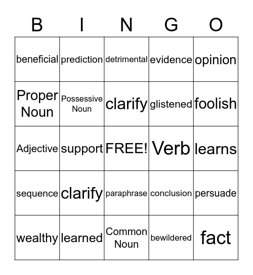 Mid-Term Vocabulary Bingo Card