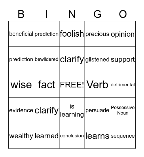 Mid-Term Vocabulary Bingo Card