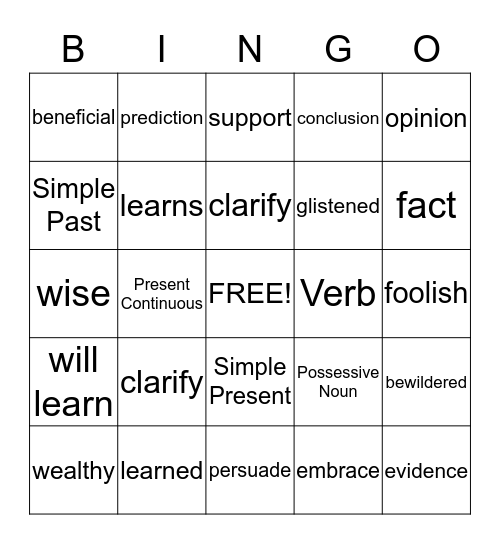 Mid-Term Vocabulary Bingo Card