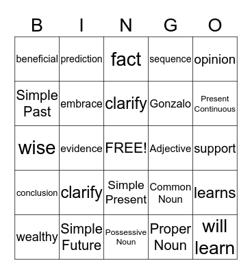 Mid-Term Vocabulary Bingo Card