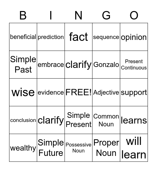 Mid-Term Vocabulary Bingo Card