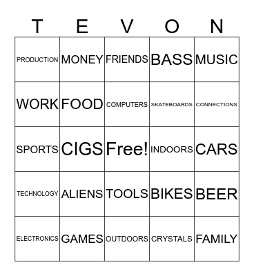 t's +'s Bingo Card