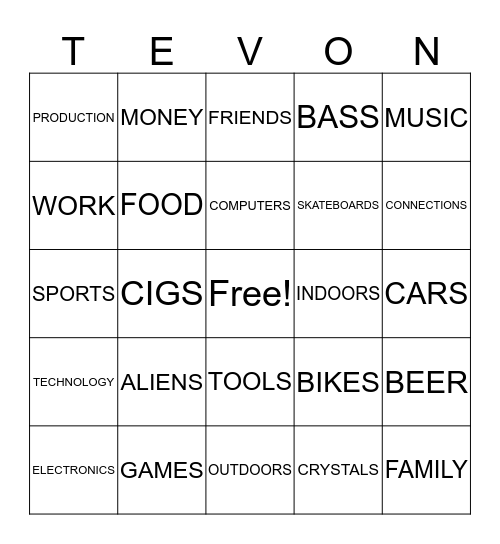 t's +'s Bingo Card