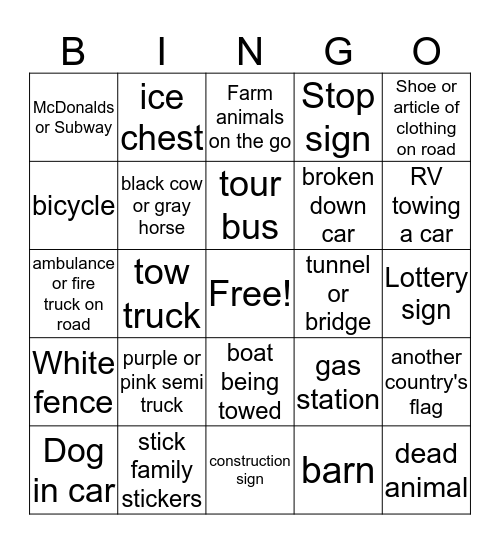 Engeland Family Car Bingo Card