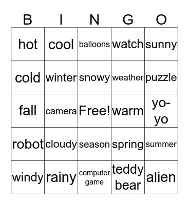 Weather, Seasons, & Toys Review Bingo Card