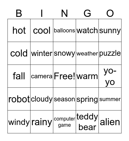 Weather, Seasons, & Toys Review Bingo Card