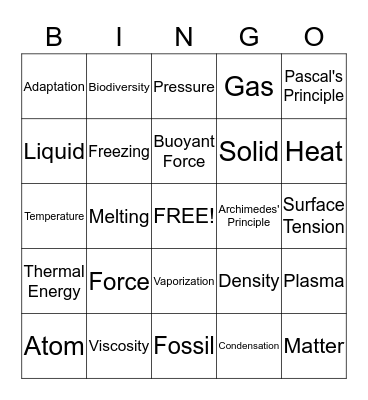 States of Matter Bingo Card