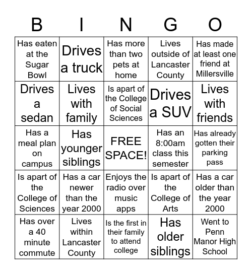 Commuter BINGO! Bingo Card