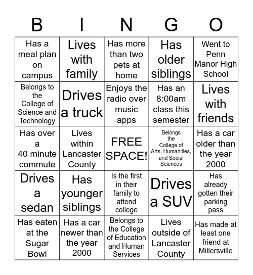 Commuter BINGO! Bingo Card