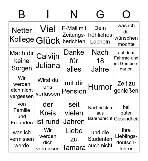 Auf Wiedersehen Frans Bingo Card